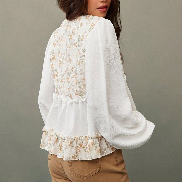 Multicolor Boho Women's Western Floral Print Mixed V Neck Blouse - Picture 2 of 5